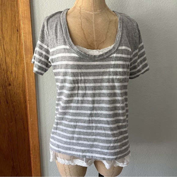 Sacai Tops - SACAI LUCK sz 1 S Gray Striped Short Sleeve TShirt White Mesh Lace Under…